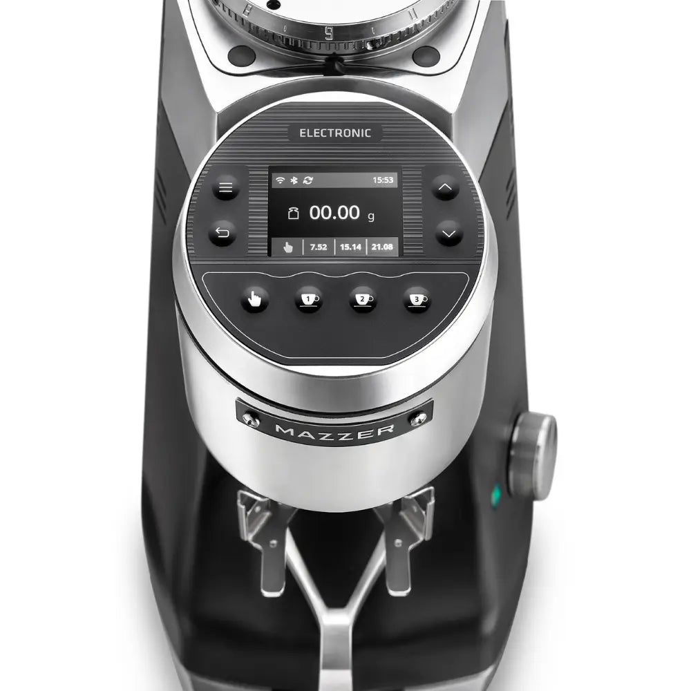 Top view of Mazzer Kony SG espresso grinder with digital control panel