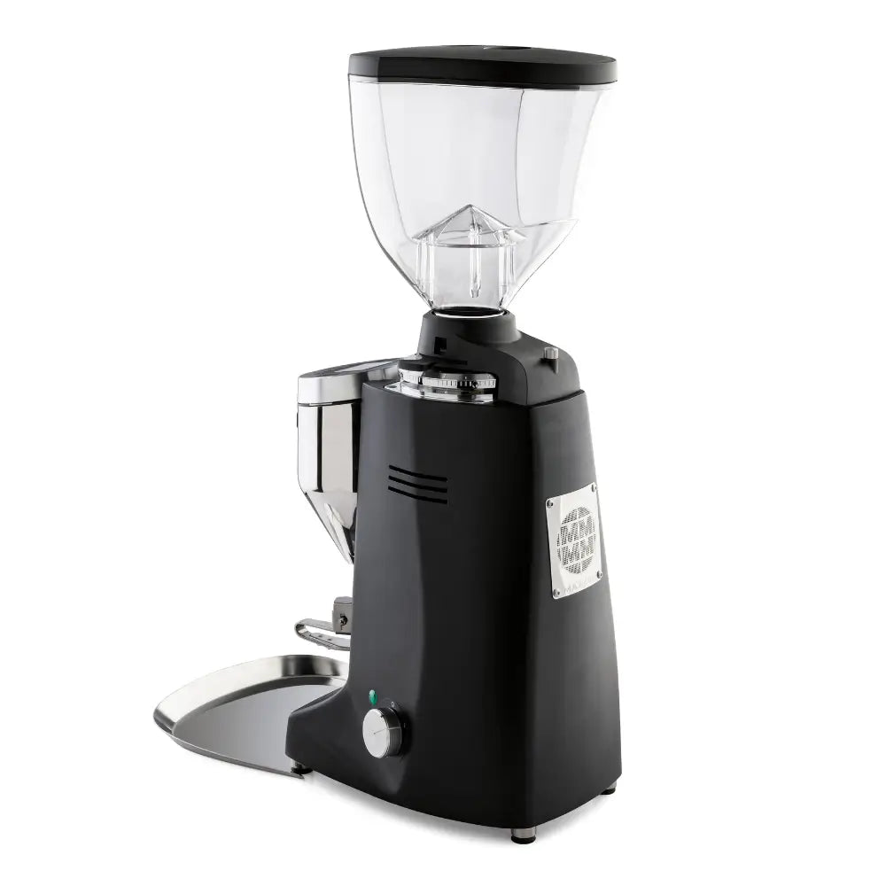Angled view of Mazzer Major V Electronic grinder with chrome portafilter holder and hopper