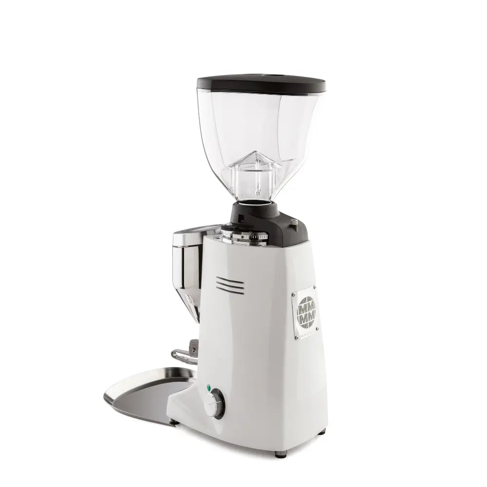 Angled view of Mazzer Major V Electronic grinder with chrome portafilter holder and hopper