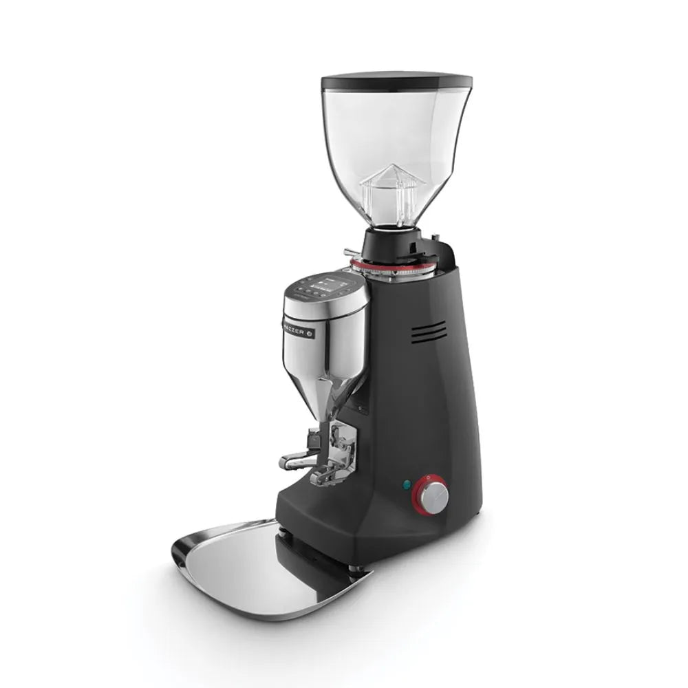 Mazzer Major VP espresso grinder with hopper and portafilter holder, angled view