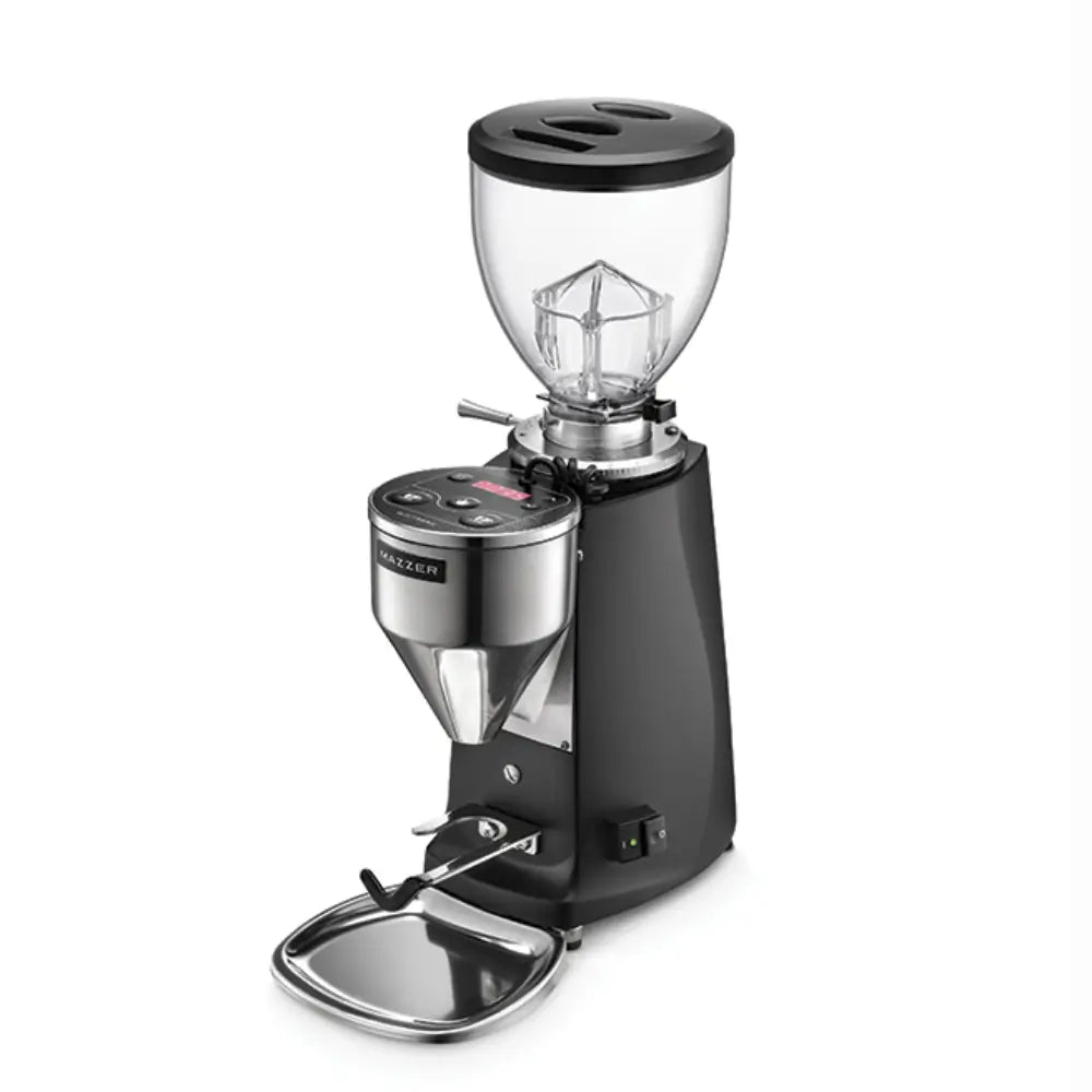 Front angled view of the matte black Mazzer Mini Electronic espresso grinder featuring digital dosing controls and portafilter fork.