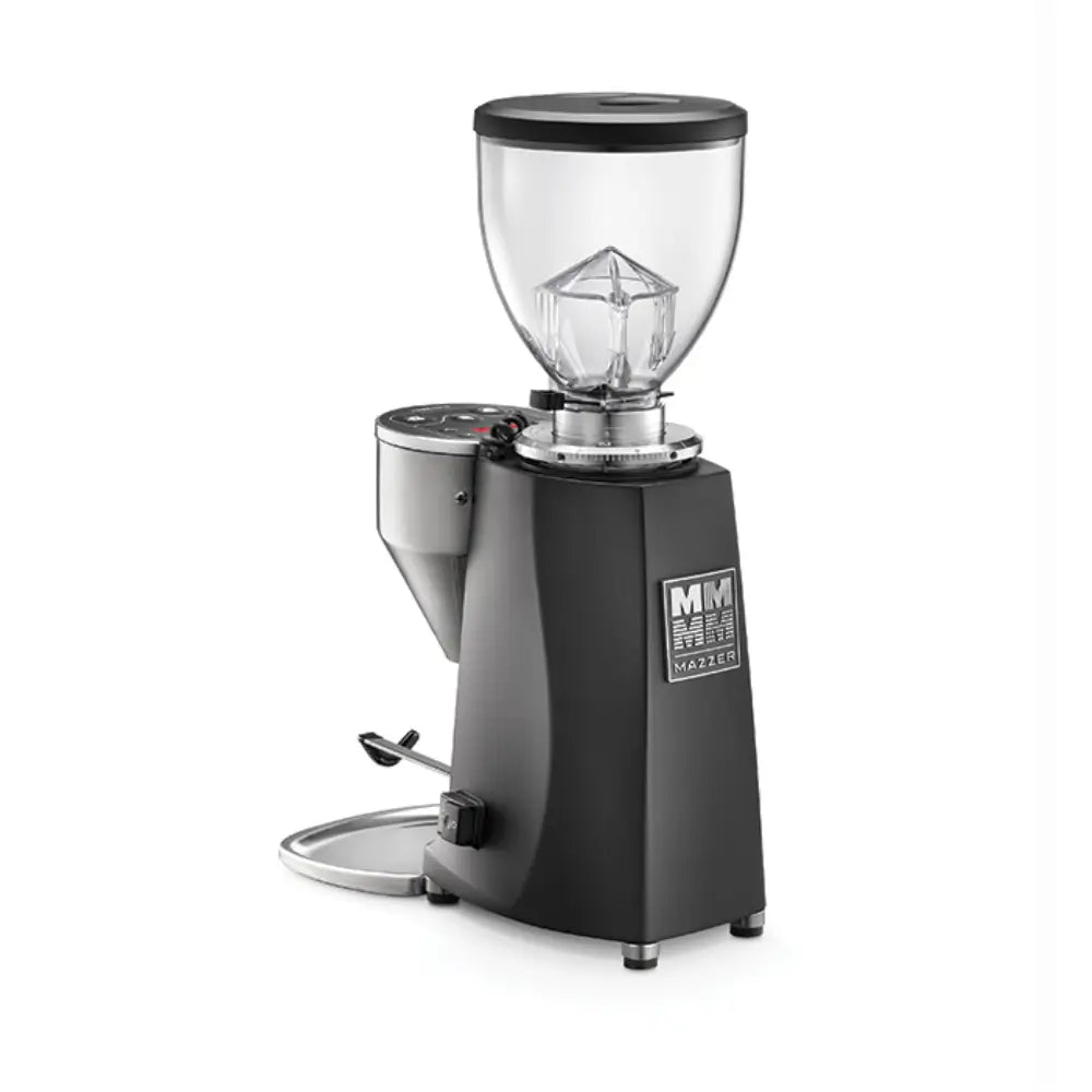 Rear and side profile of the black Mazzer Mini grinder showing the side ventilation grille and power switch placement.