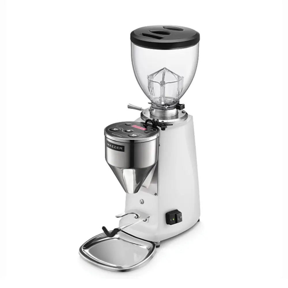 Front angled view of the white Mazzer Mini Electronic espresso grinder featuring digital dosing controls and portafilter fork.