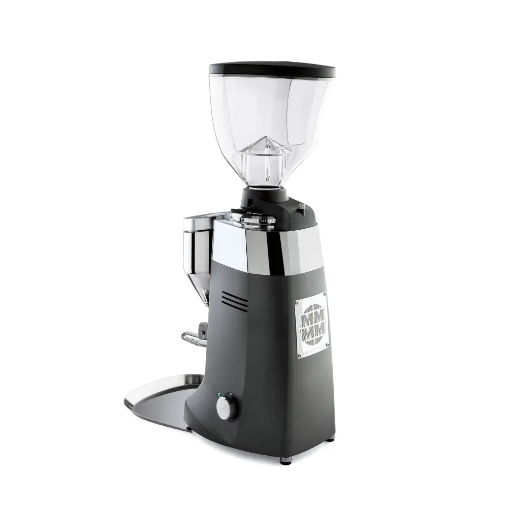 Rear side view of Mazzer Robur S Electronic grinder in black finish.