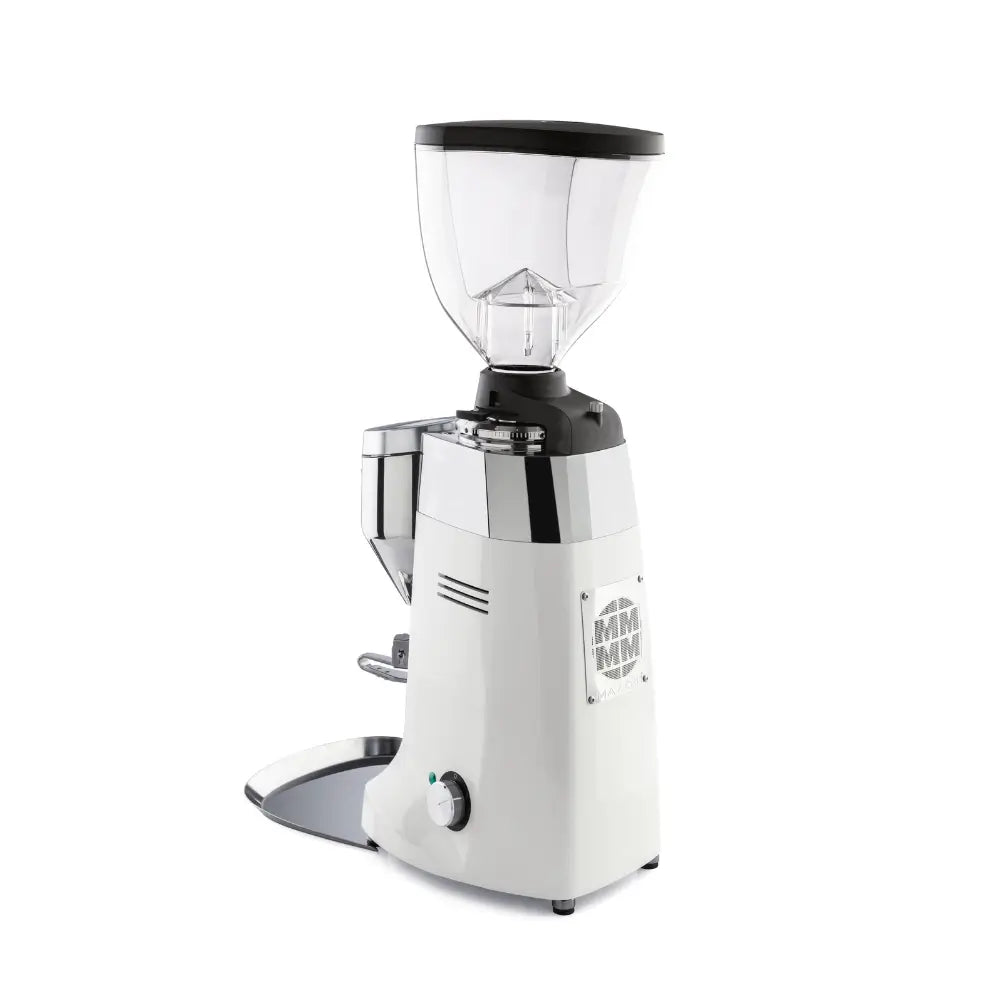 Rear side view of Mazzer Robur S Electronic grinder in white finish.