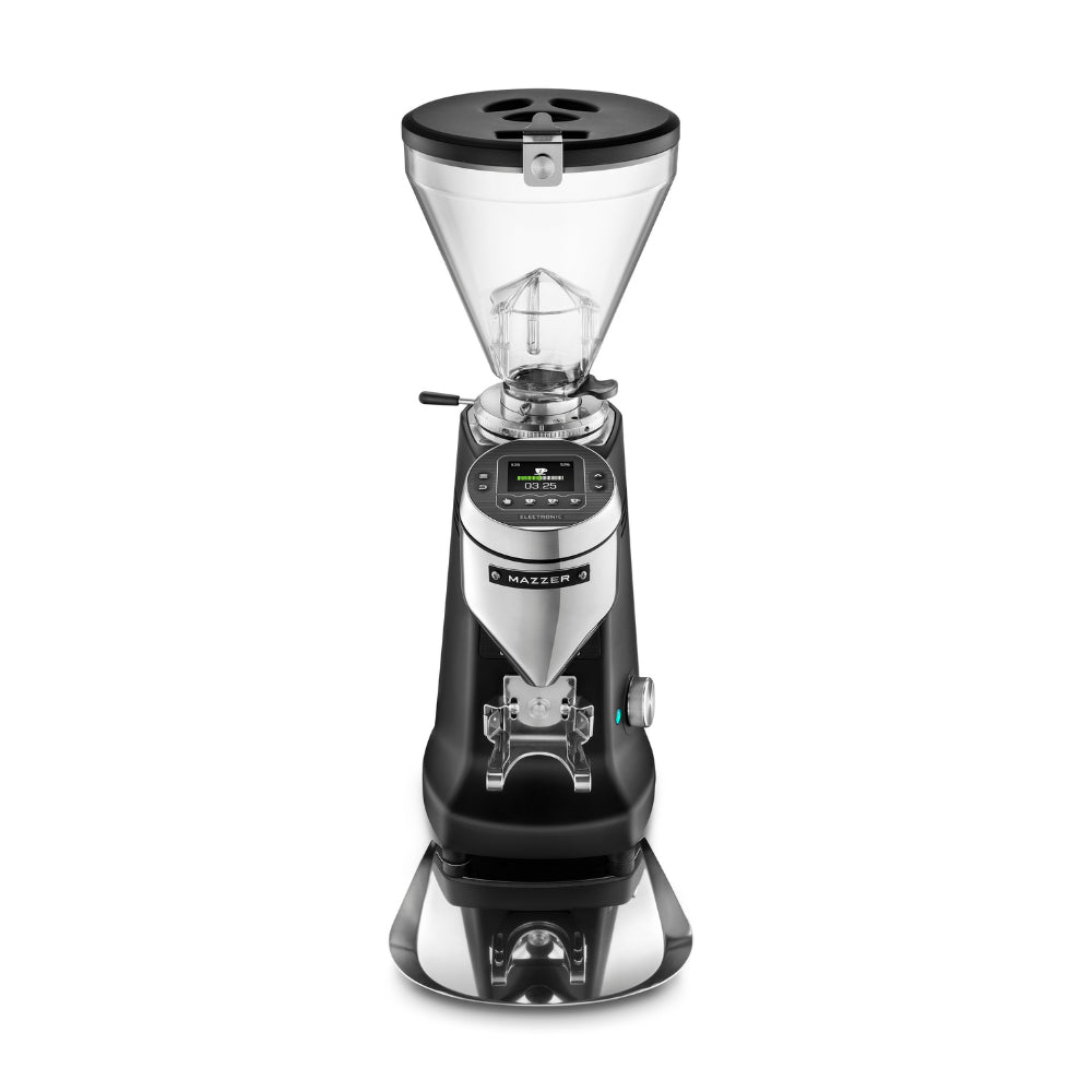Front view of Mazzer Super Jolly V Pro Electronic grinder with display and hopper