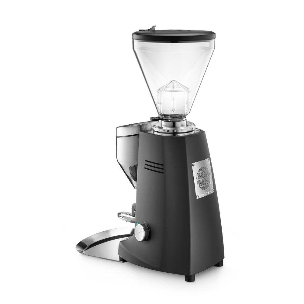 Angled back view of Mazzer Super Jolly V Pro Electronic espresso grinder in black finish