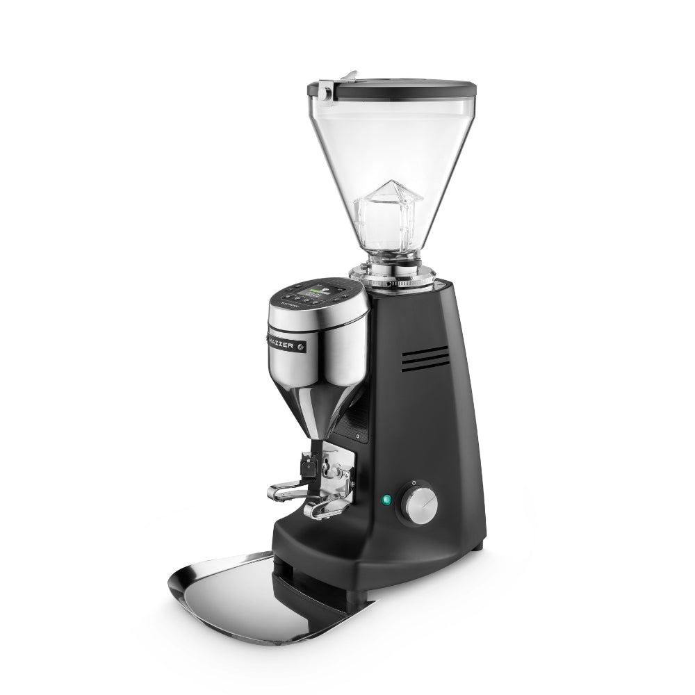 Mazzer Super Jolly V Pro Electronic espresso grinder side view with hopper