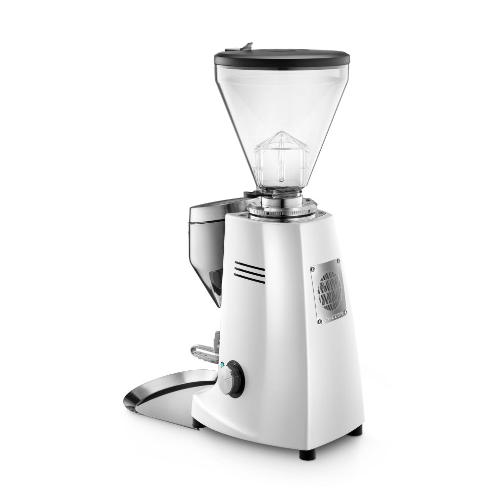 Angled back view of Mazzer Super Jolly V Pro Electronic espresso grinder in white finish