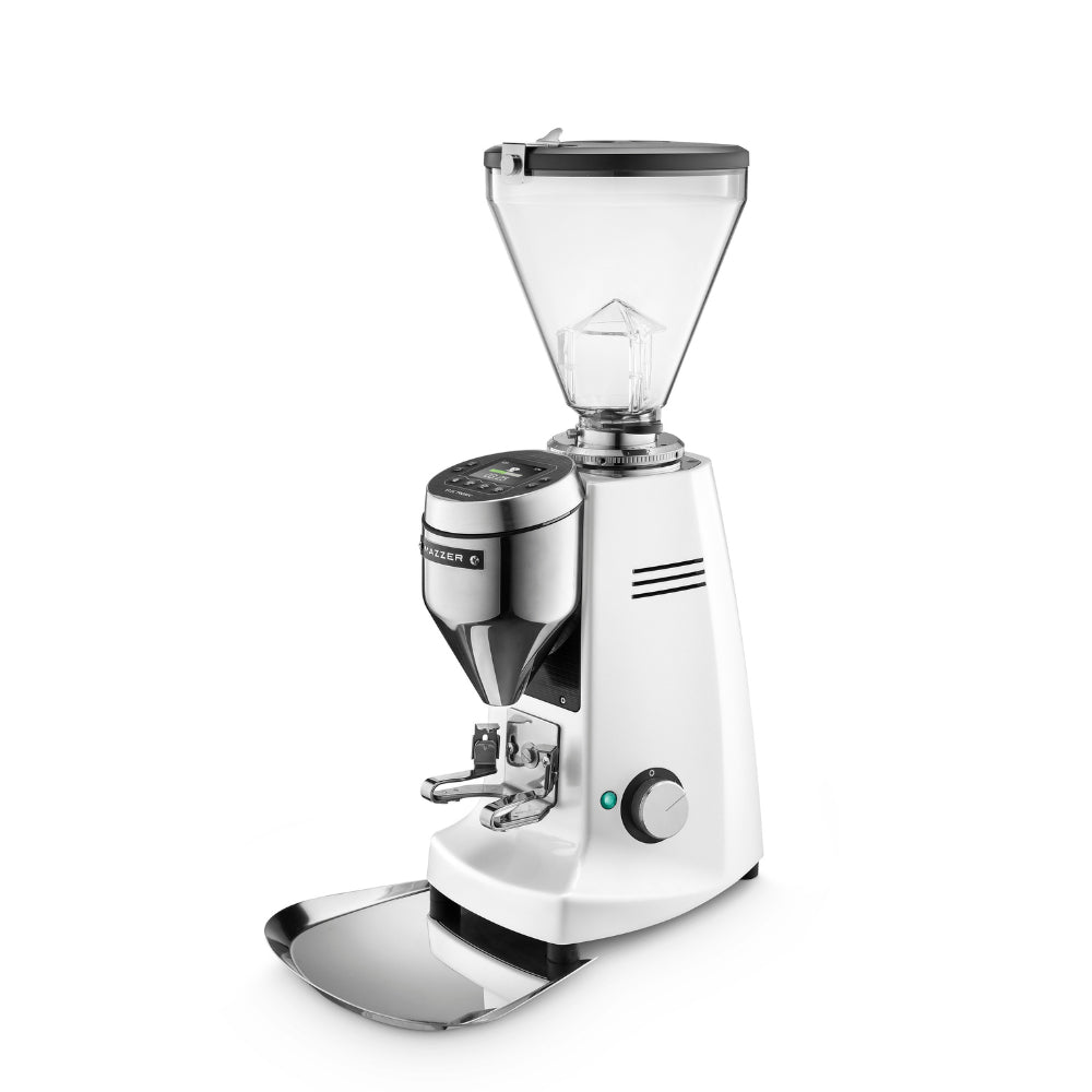 Mazzer Super Jolly V Pro Electronic espresso grinder side view with hopper in white