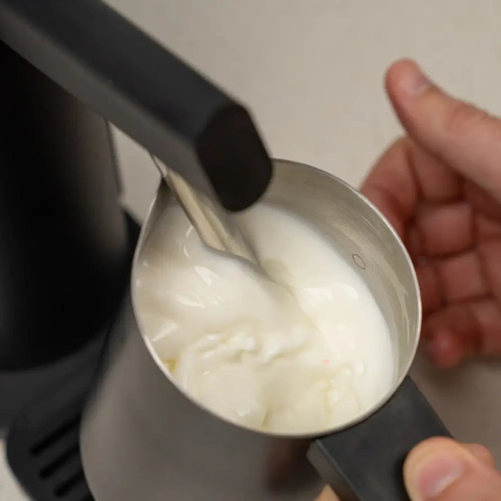 Milk being frothed using the steam wand of the Morning Dream Milk Steamer.