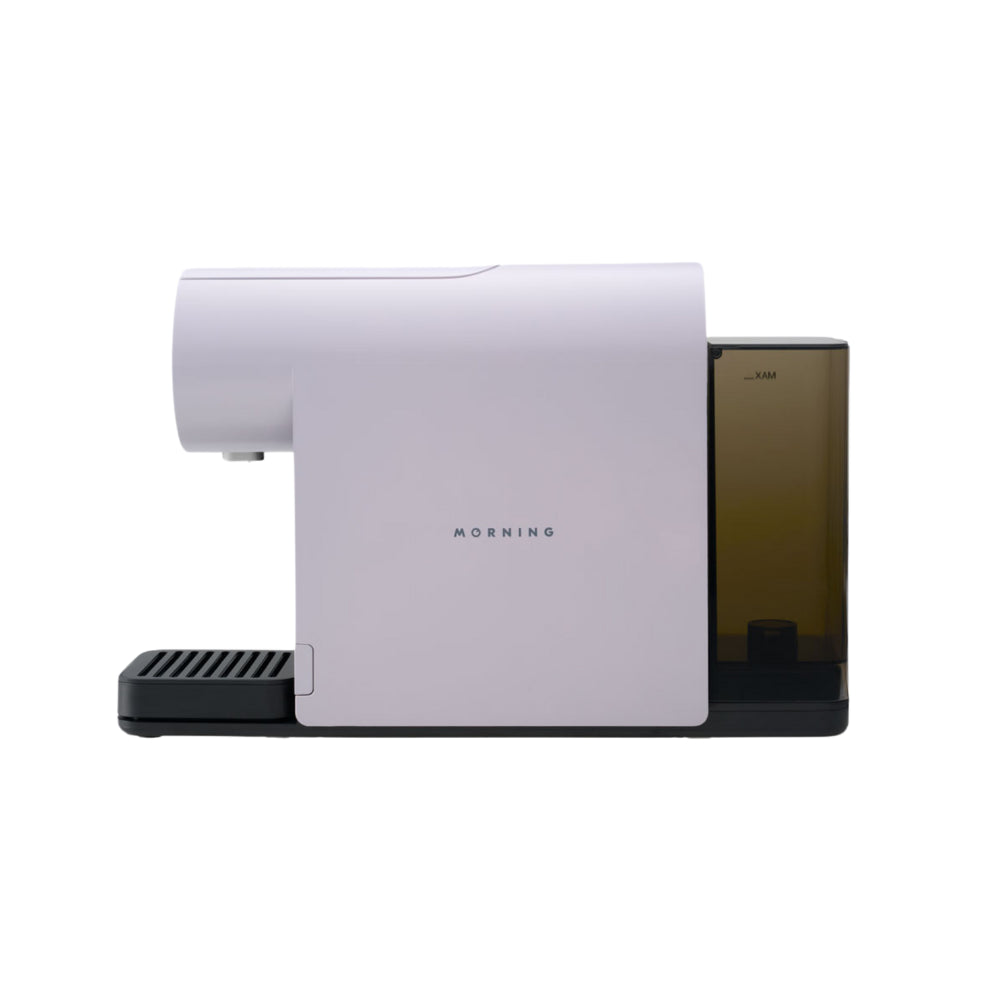 Side view of the Morning Mini Coffee Machine 220v in violet with water tank attached.