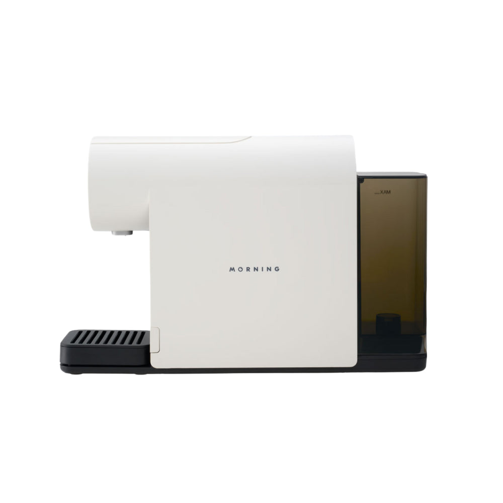 Side view of the Morning Mini Coffee Machine 220v in white with water tank attached.