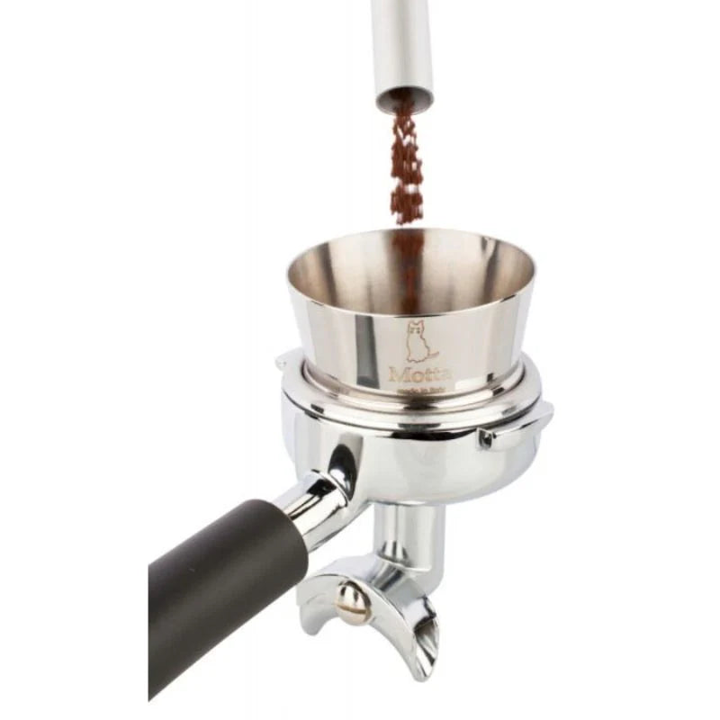 Front view of Motta 40mm dosing funnel attached to a portafilter