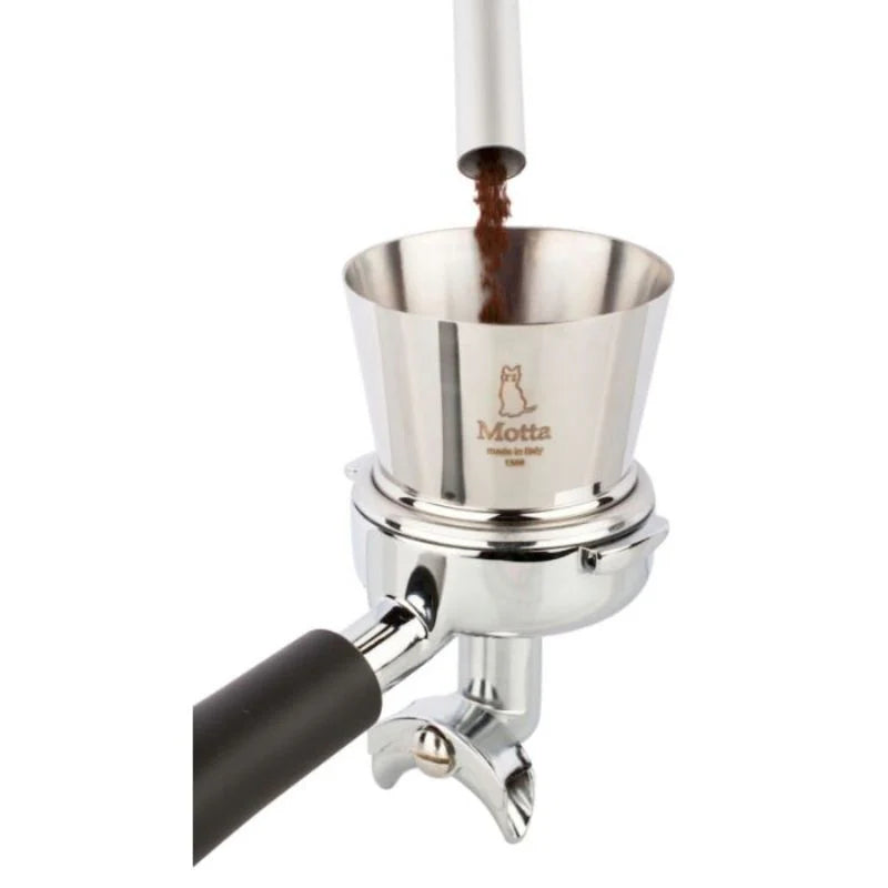 Front view of Motta 60mm dosing funnel attached to a portafilter