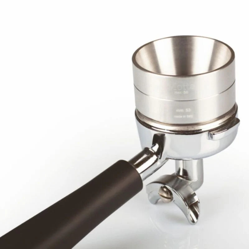 Stacked Motta aluminium dosing funnels attached to a portafilter