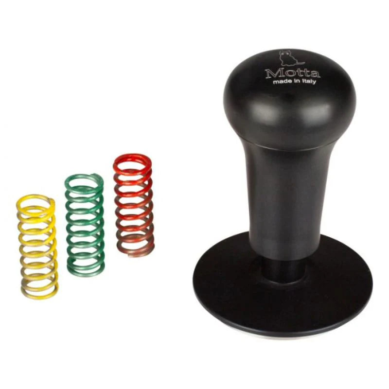 Front view of the Motta calibrated flat coffee tamper with interchangeable springs