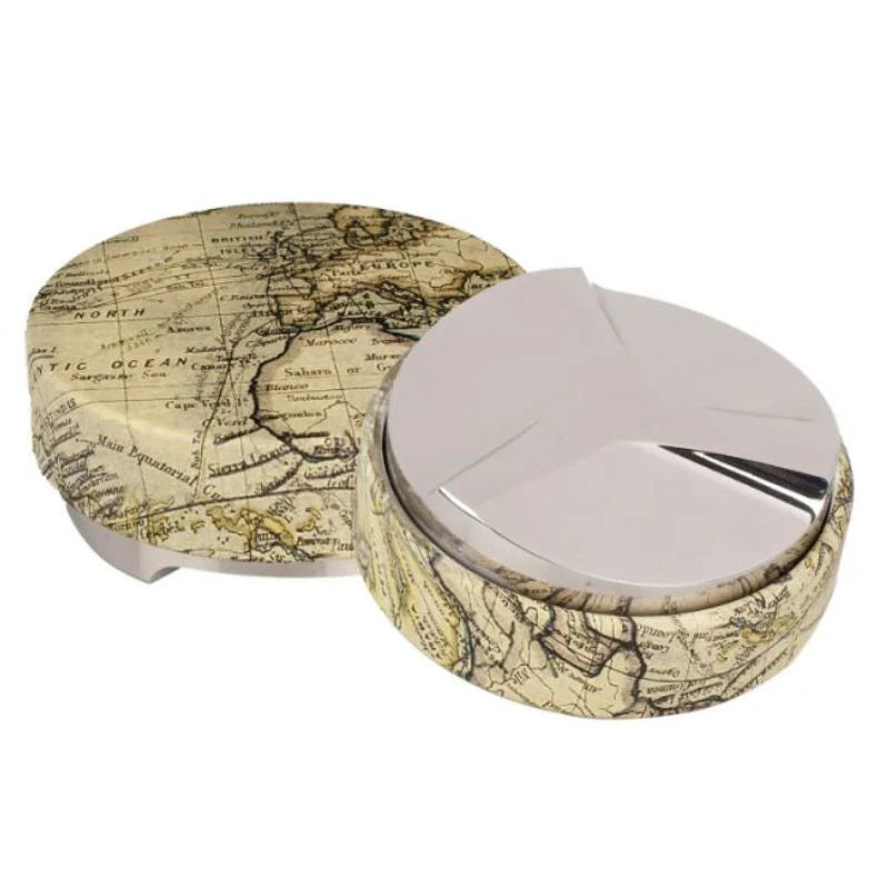 Top view of the Motta 58mm coffee levelling tool with vintage world map design and stainless steel base