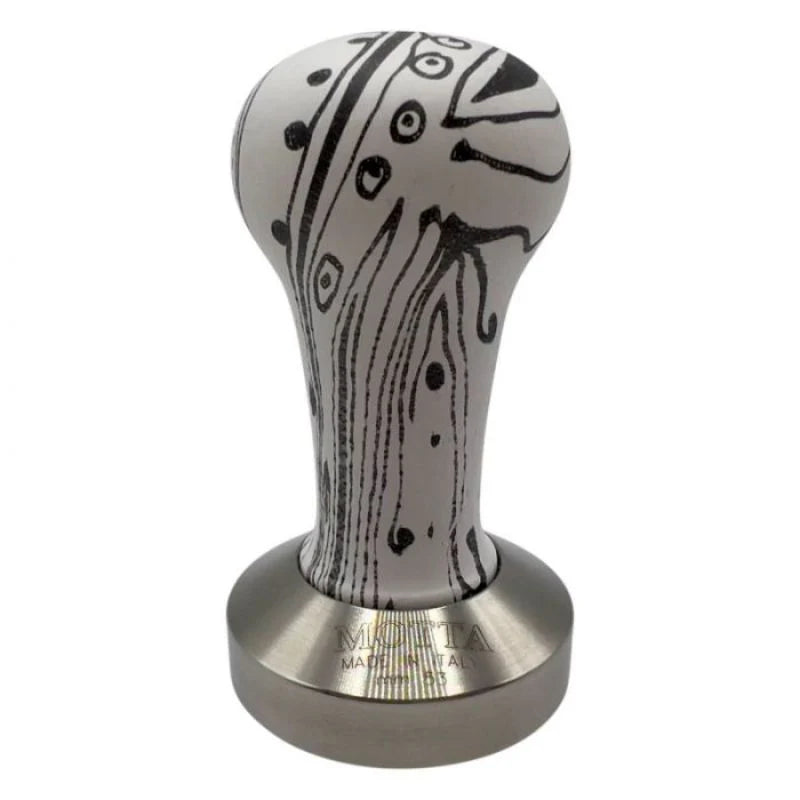 Front view of the Motta coffee tamper with black pattern on white handle