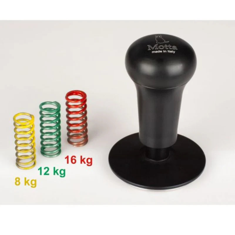 Front view of the Motta calibrated flat coffee tamper with interchangeable springs in 8kg, 12kg, and 16kg