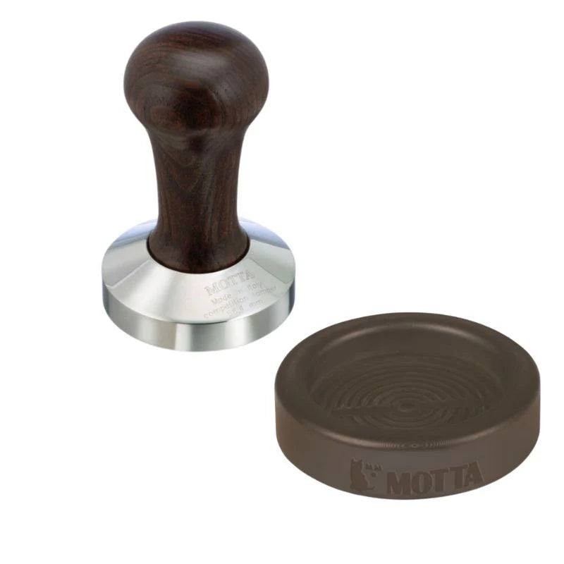 Motta 58.4mm brown competition coffee tamper paired with rubber holder