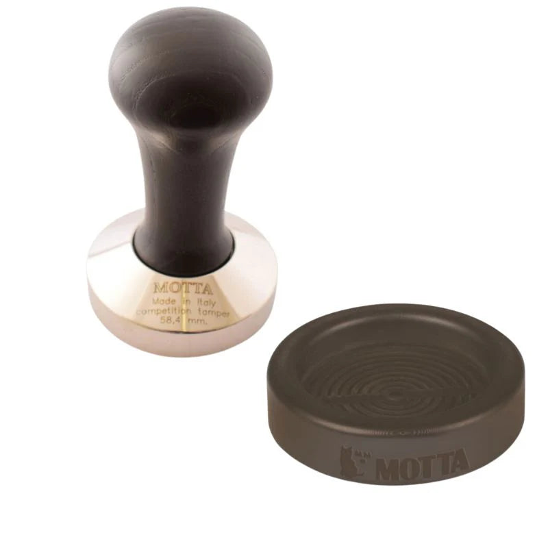 Motta 58.4mm black competition coffee tamper with matching rubber holder
