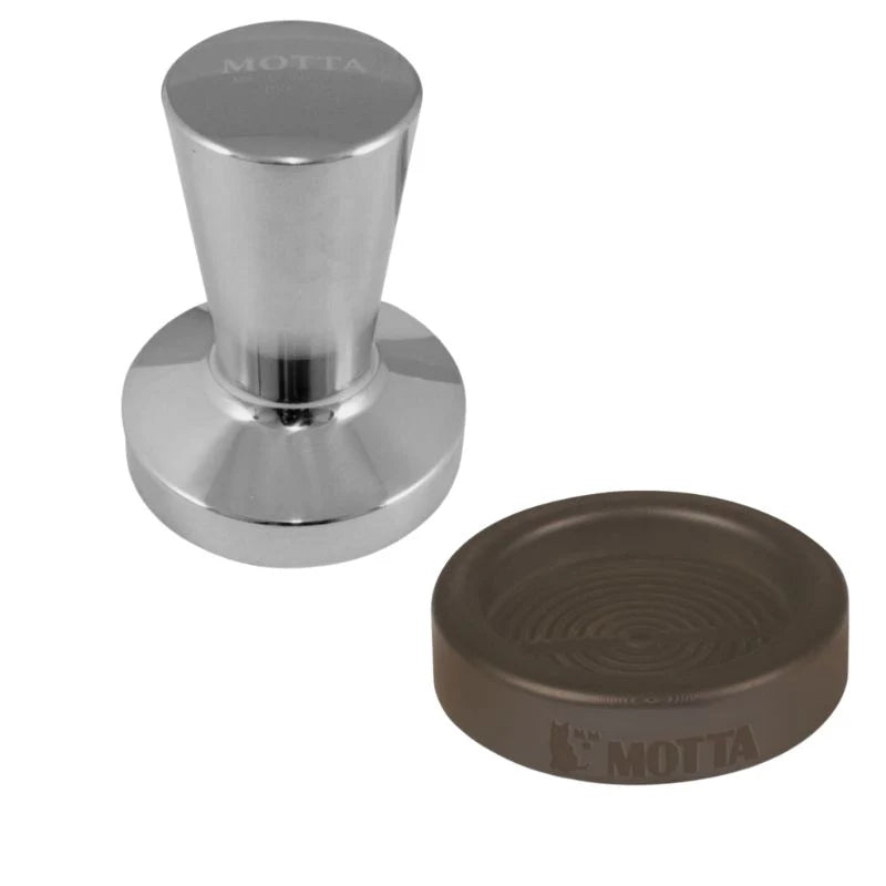 Motta Easy Grip coffee tamper in stainless steel with matching rubber holder