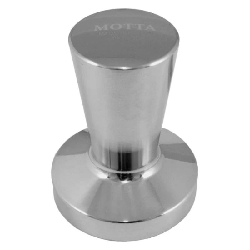Top view of the 58mm Motta Easy Grip tamper with polished stainless steel finish