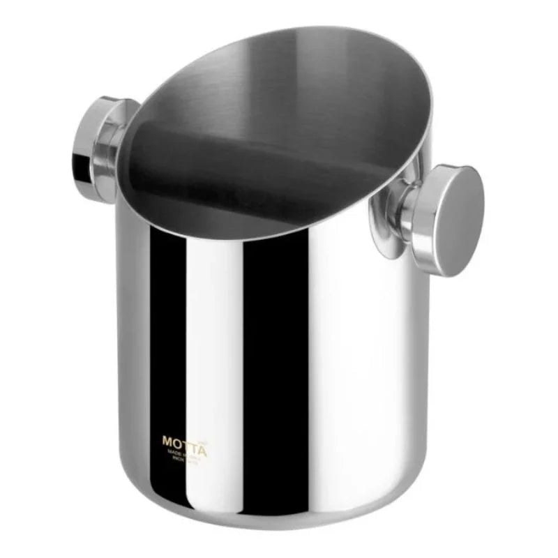 Angled view of the Motta 105mm stainless steel knock box with side handles