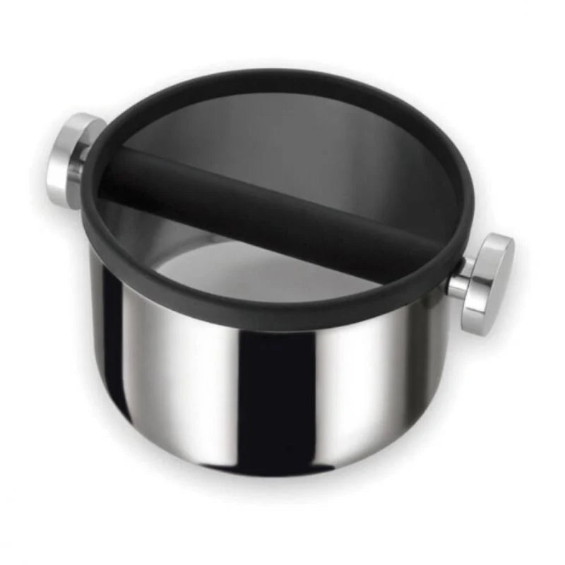 Angled view of the Motta 165mm stainless steel knock out box with rubber bar and side handles