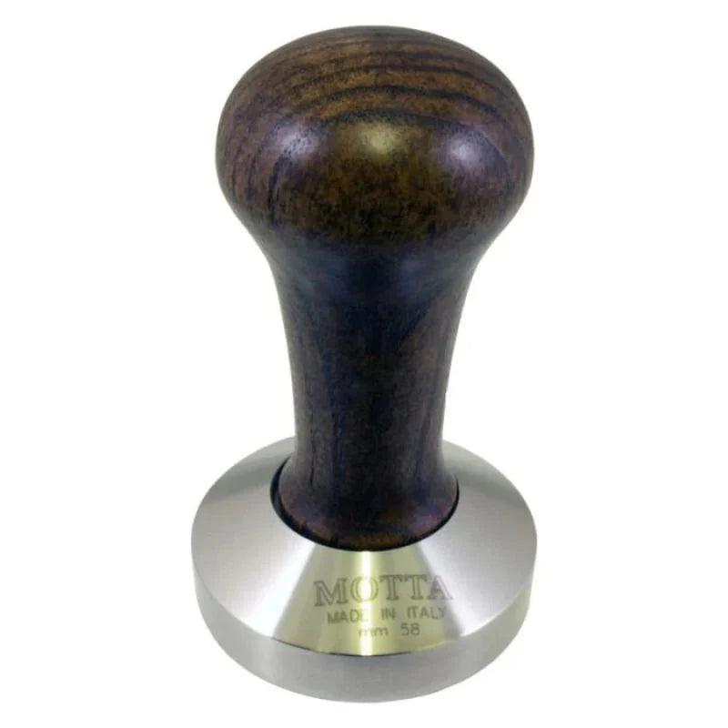 Close-up of the 58mm Motta wooden coffee tamper with polished base