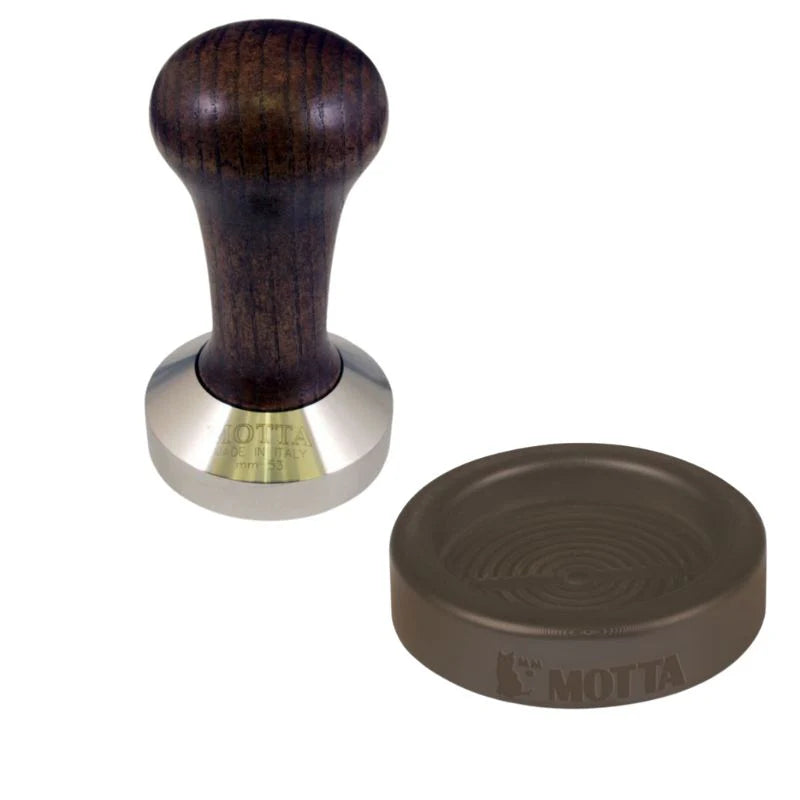 Wooden Motta coffee tamper with stainless steel base and matching rubber holder