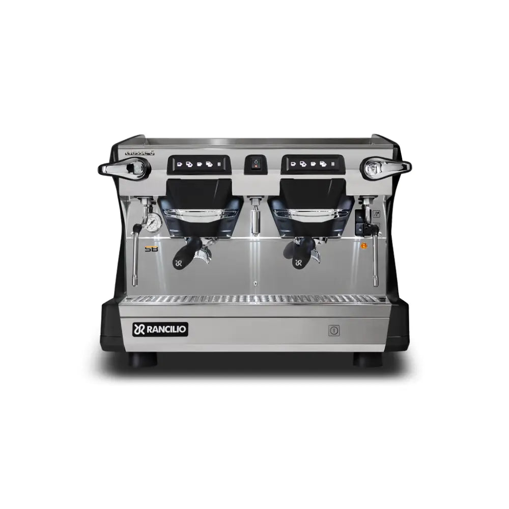 The Rancilio Classe 5 USB 2 Group Compact automatic commercial espresso machine in Anthracite Black, ideal for busy cafes and featuring Steady Brew technology.
