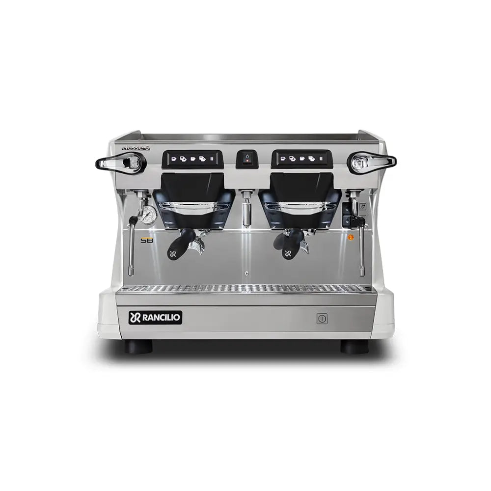 The Rancilio Classe 5 USB 2 Group Compact automatic commercial espresso machine in Anthracite white, ideal for busy cafes and featuring Steady Brew technology.