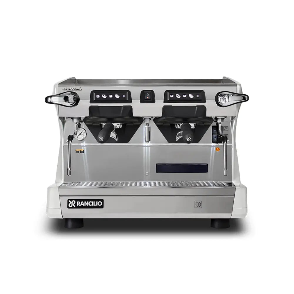 The Rancilio Classe 5 USB Tall 2 Group Compact automatic commercial espresso machine in White, ideal for busy cafes and featuring Steady Brew technology.