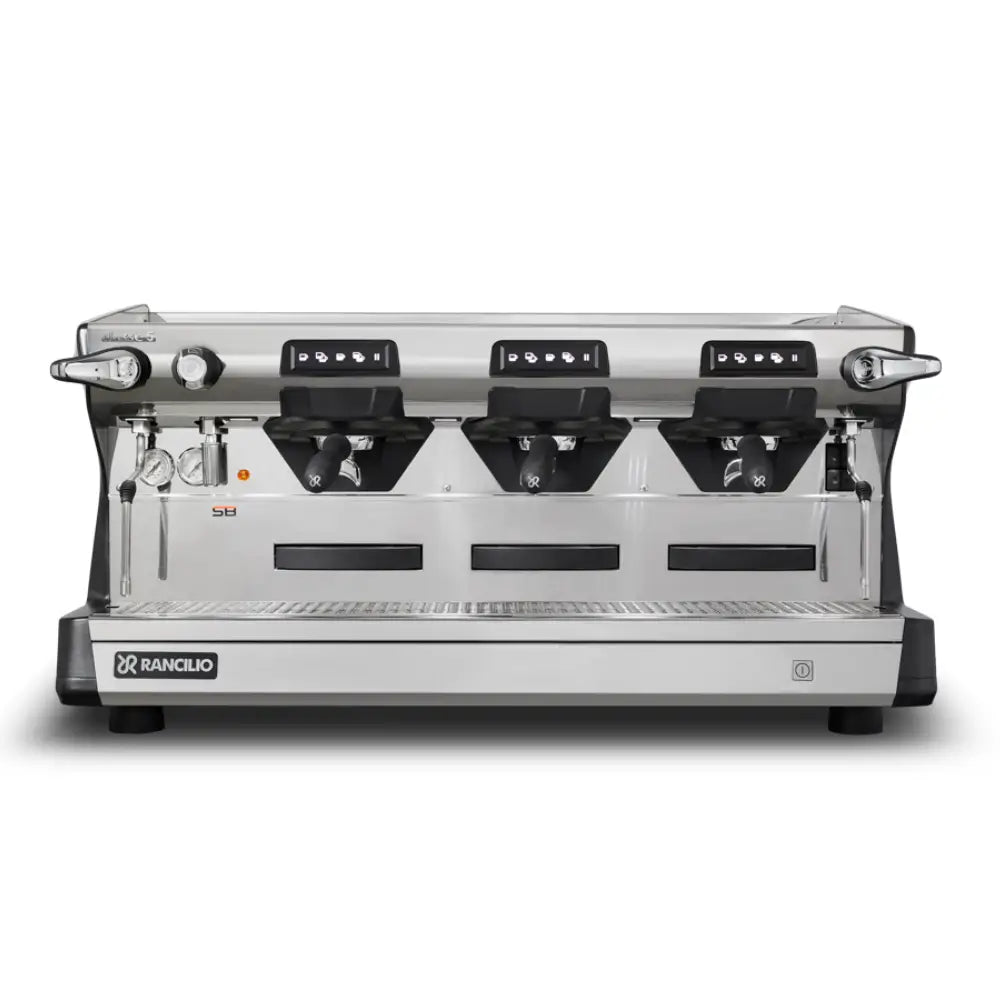 The Rancilio Classe 5 USB Tall 3 Group automatic commercial espresso machine in Anthracite Black, ideal for busy cafes and featuring Steady Brew technology.