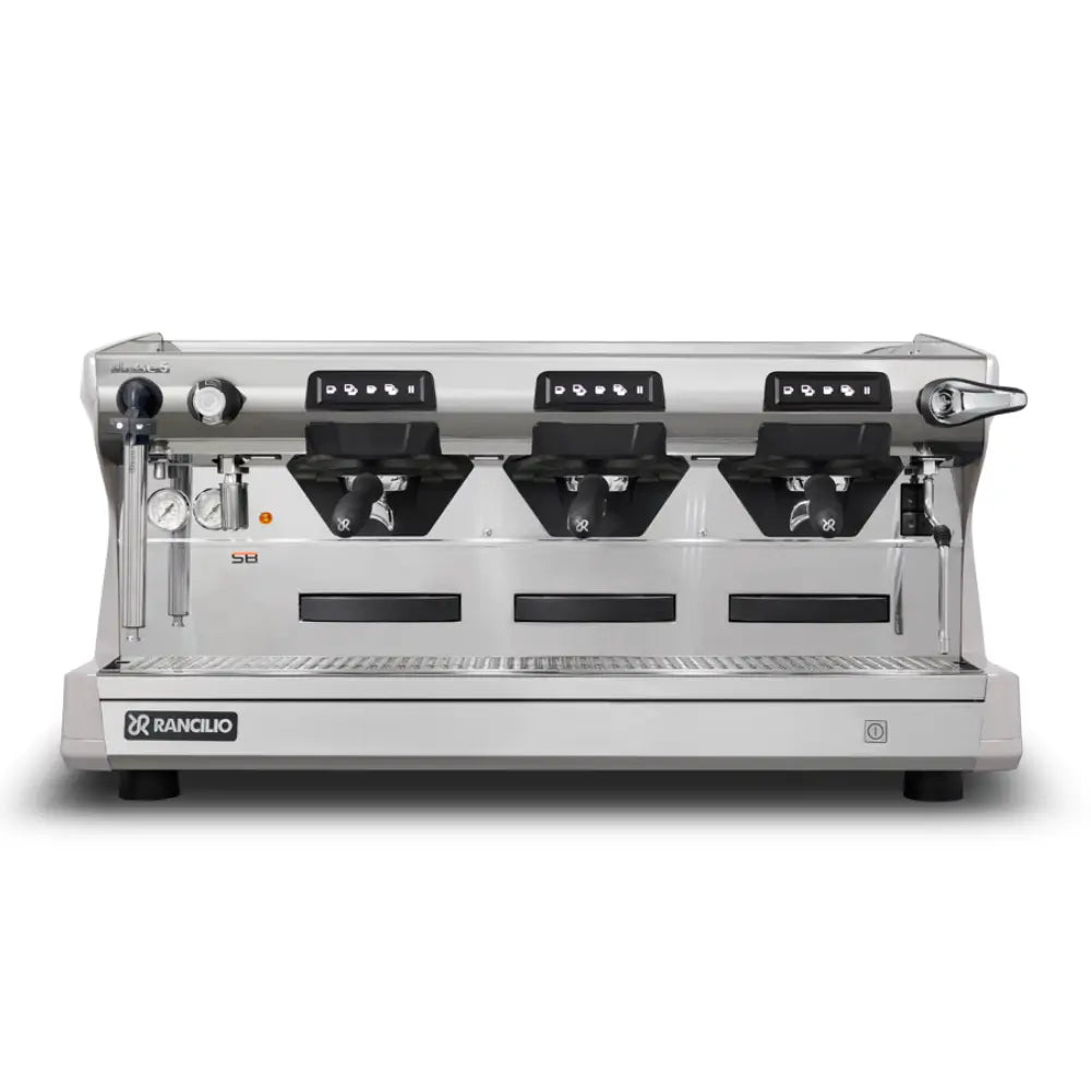 The Rancilio Classe 5 USB Tall 3 Group automatic commercial espresso machine in white, ideal for busy cafes and featuring Steady Brew technology.