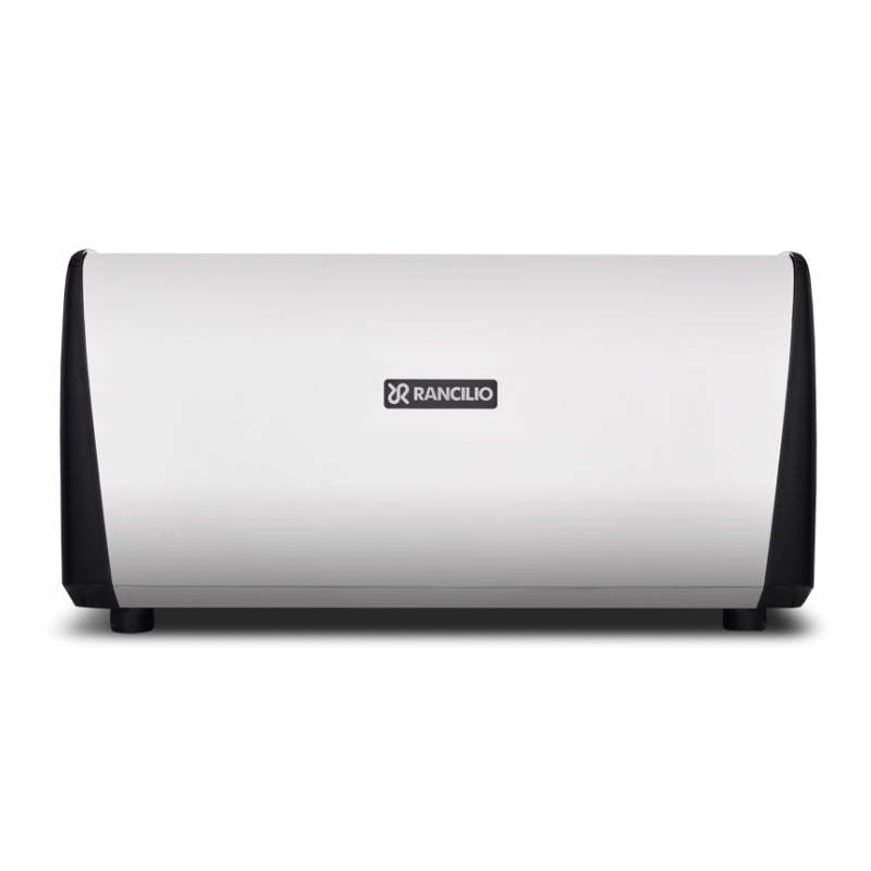 Back side view of Rancilio Classe 7 S three group black semi-automatic espresso machine single boiler
