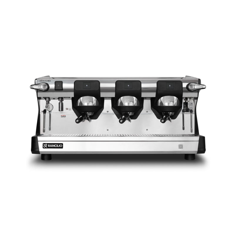 Front view of Rancilio Classe 7 S three group black semi-automatic espresso machine single boiler