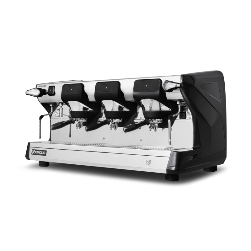 Left angled view of Rancilio Classe 7 S three group black semi-automatic espresso machine single boiler