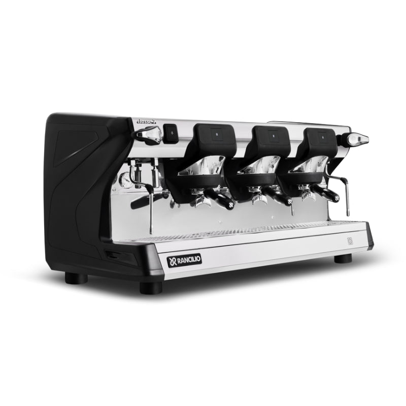 Right angled view of Rancilio Classe 7 S three group black semi-automatic espresso machine single boiler