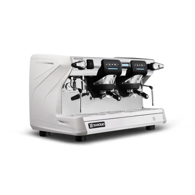 Angled view of Rancilio Classe 7 USB two group semi-automatic white espresso machine