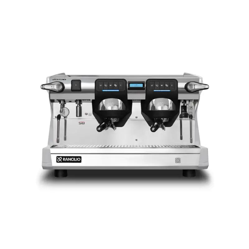 Front view of Rancilio Classe 7 USB two group semi-automatic white espresso machine