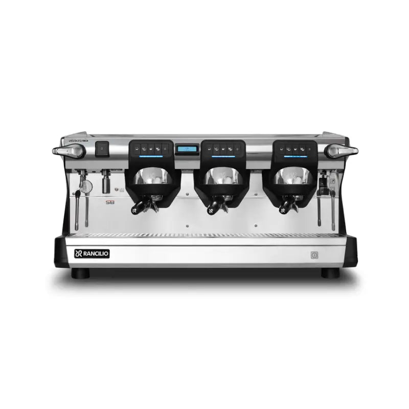 Front view of Rancilio Classe 7 USB three group semi-automatic black espresso machine