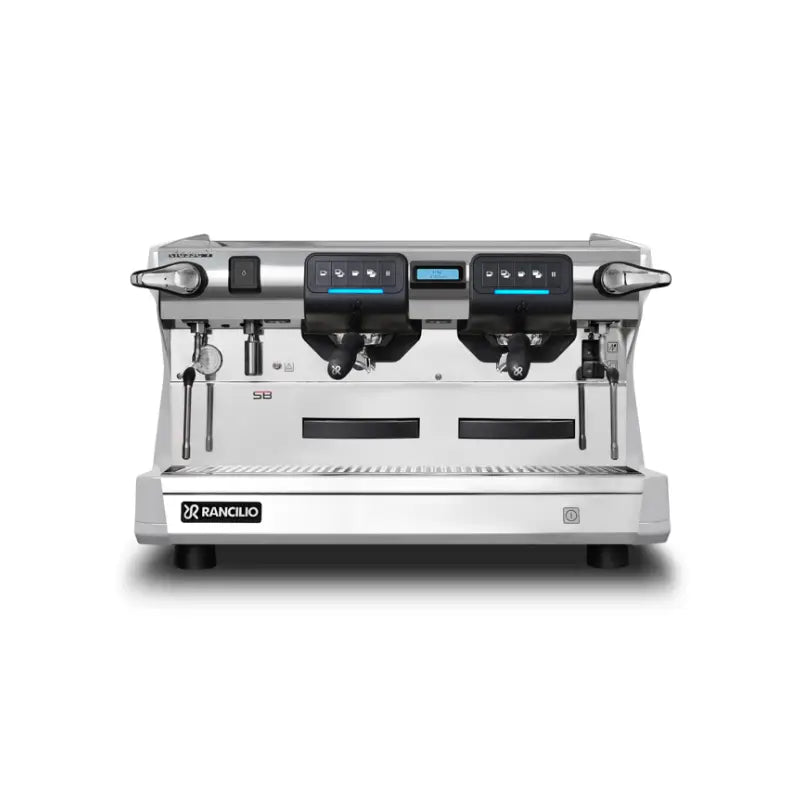 Front view of Rancilio Classe 7 USB Tall two group semi-automatic white espresso machine