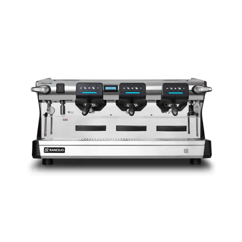 Front view of Rancilio Classe 7 USB Tall three group semi-automatic black espresso machine