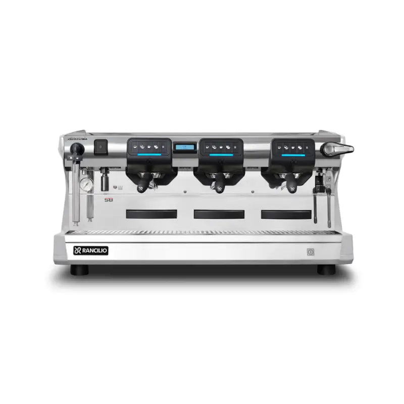 Front view of Rancilio Classe 7 USB Tall three group semi-automatic white espresso machine