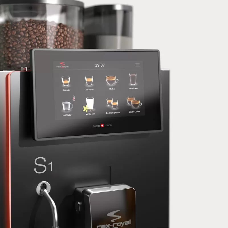 Close-up of the Rex-Royal S1 touchscreen display with bean hoppers