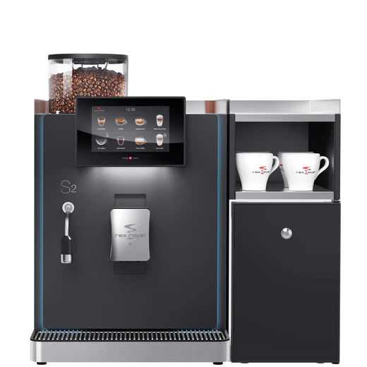 Front view of the Rex-Royal S2 bean-to-cup coffee machine with touchscreen and fridge