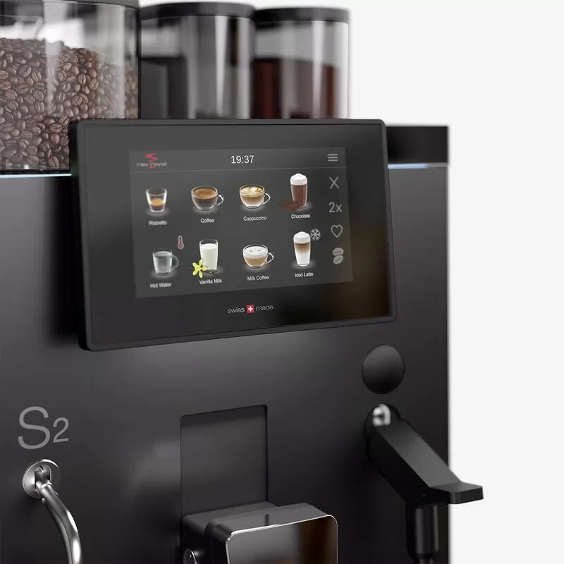 Close-up of the Rex-Royal S2 touchscreen and ingredient hoppers